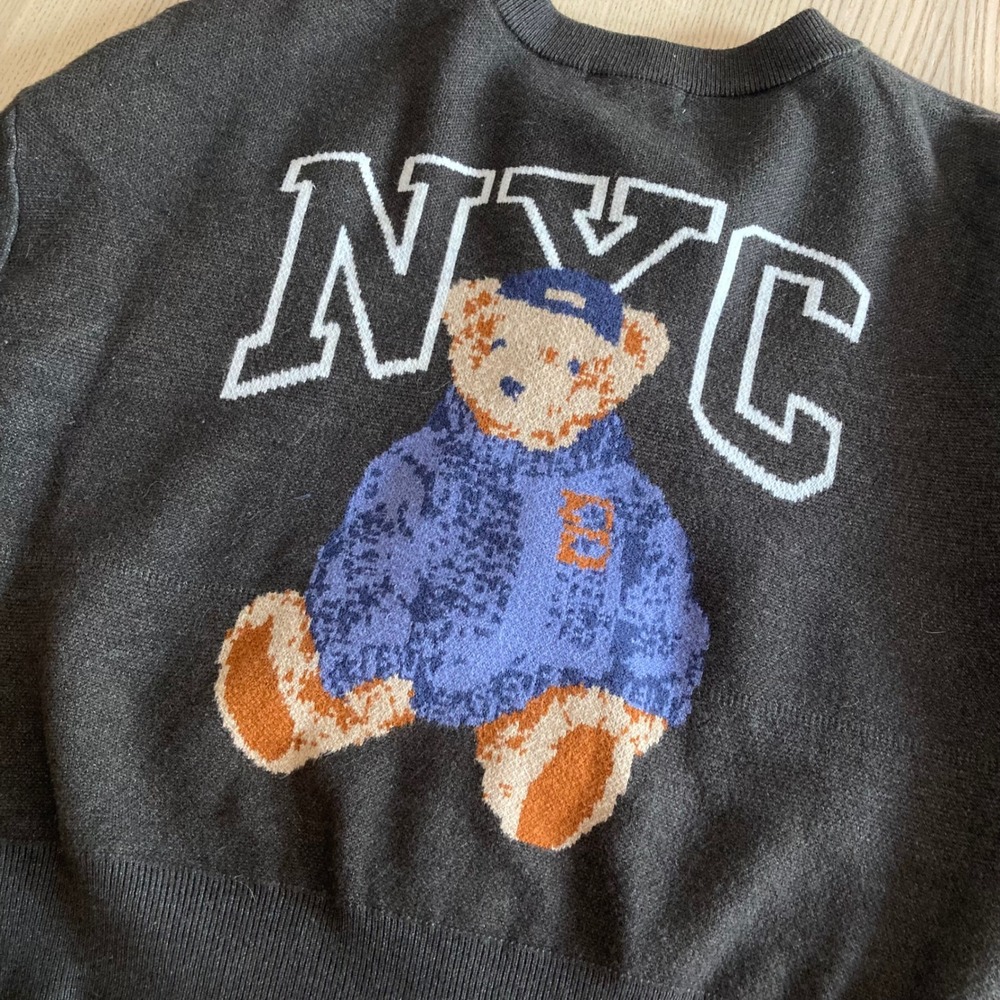 Grayson Threads Cardigan Women L Gray NYC 88 Teddy Bear Cropped Graphic Button